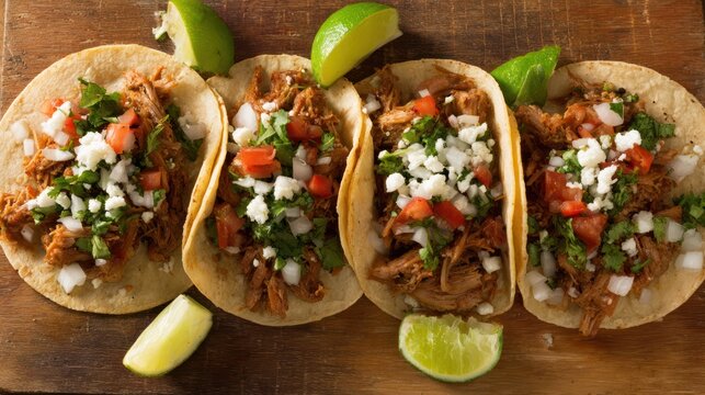Traditional Mexican tacos with pork carnitas and fresh toppings in a flat lay. menu design, packaging mockups, designed for food delivery and cloud-kitchen brand materials.