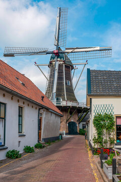 Hattem. Molen De Fortuin in Hattem, traditionele houten windmolen torent uit boven een smalle, geplaveide steeg.