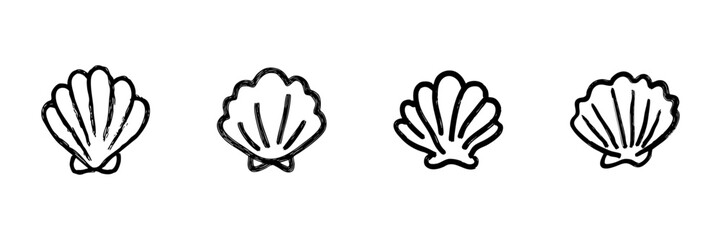 Seashell Line Icon Set In Doodle Style. Marine Life, Beach Decor, And Ocean Theme Outline Sketch Collection. Coastal And Nautical Design Elements. Hand Drawn Isolated Vector Illustration
