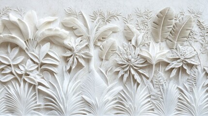 White floral and leaf pattern with raised texture on marble surface
