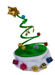 Isolated festive holiday green and white hat with wire hanging bobbles and stars