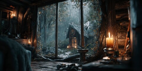 The interior of a cozy old wooden hut
