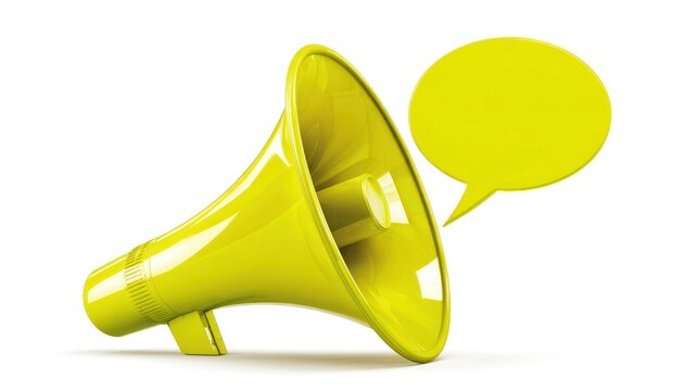 Bright yellow megaphone with floating speech bubble on clean white background, ideal for event promotions and fitness marketing.