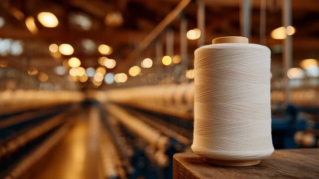 113Modern textile factory interior, rows of spinning machines producing cotton yarn, close-up of a single spool on a wooden bobbin catching warm light, cinematic industrial harmony