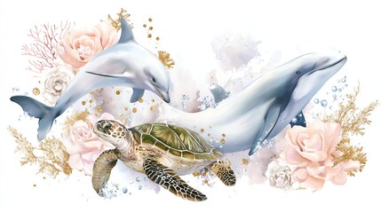 Whale, turtle, and dolphin with pastel coral decorations underwater