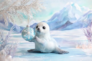 Seal pup holding snowflake ornament in pastel icy setting