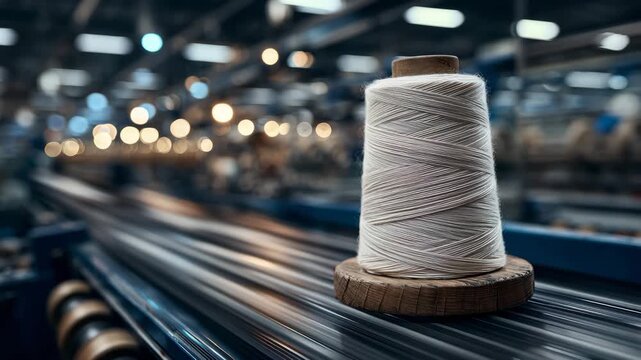 114Cotton yarn spool resting on mechanical spindle, wooden bobbin worn from use, background of factory belts and rotating wheels, bright light diffused through fine fibers, high-detai