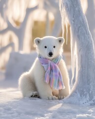 Cute polar bear cub in a colorful scarf.