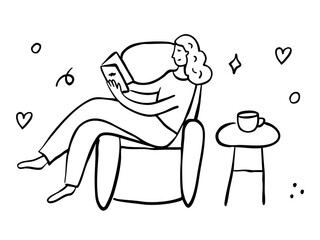 A woman reading a book while sitting in a chair in a cozy home environment. Vector illustration in doodle style.