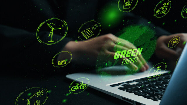 A modern workspace showcasing digital icons related to green energy, highlighting the importance of sustainability and innovation in today's technology-driven world. Cipher