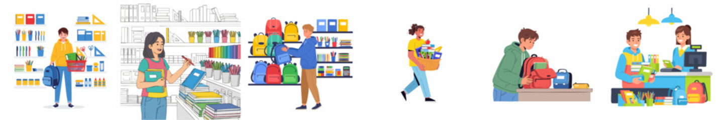 Flat Illustration People Shopping in Grocery Store and Paying at Checkout