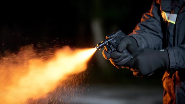 119Close-up of a young woman&rsquo;s gloved hand pressing the nozzle of a pepper spray, vivid orange mist bursting against dark night background