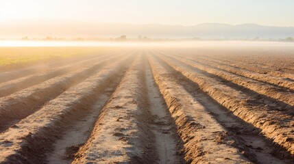 Early morning farmland with straight furrows under misty golden light. travel magazines, destination branding, designed for travel destination branding, used by ngo communicators.