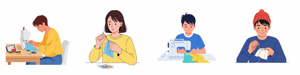 Flat Illustration of Various People Sewing and Crafting Designs at Home