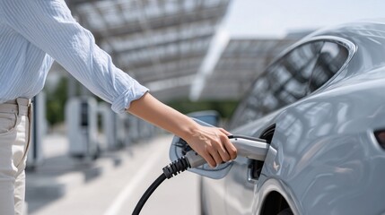 Woman's Hand Plugging Charging Cable into Electric Car Socket Outdoors