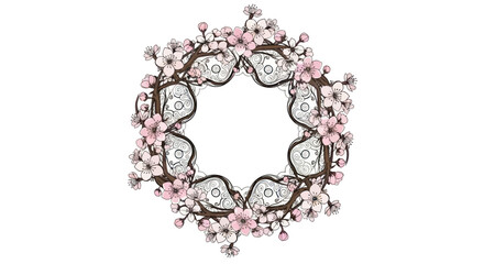 Floral Wreath with Pink Blossoms and Intricate Branch Design.