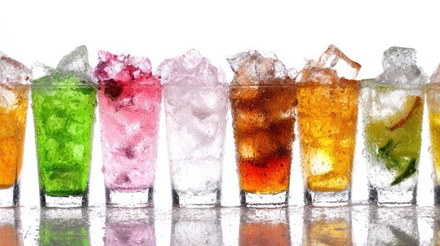 Assorted colorful beverages in crushed ice with condensation. bar promotions, beverage menus, designed for food & beverage menus and cafe branding, used by interior designers.