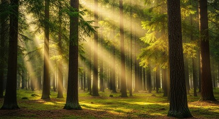 Fototapeta premium Enchanting Sunlight Rays Piercing Through Misty Forest Trees