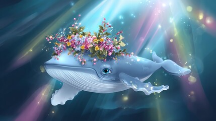 Cute whale with festive wreath in pastel underwater scene