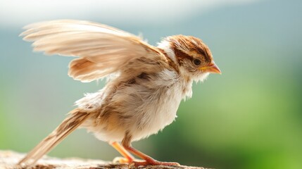 A young bird attempted its first flight with clumsy wing movements in the soft morning light. A wildlife magazine designed for the wildlife conservation movement