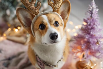 Corgi wearing festive antlers for holiday spirit.