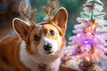 Festive corgi with reindeer antlers by tree.