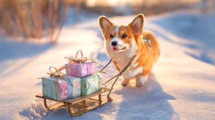 Corgi pulling colorful presents in winter snow.