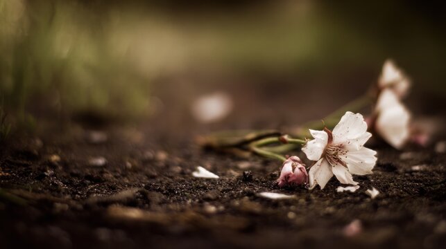 Morning-lit view of a trampled bloom pressed into muddy ground, capturing fragile details and natural texture. Designed for gardening and home-decor uses.