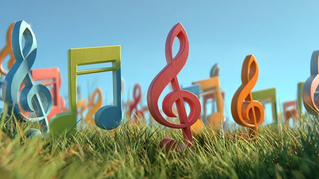 Colorful musical notes stand in tall grass under a bright blue sky