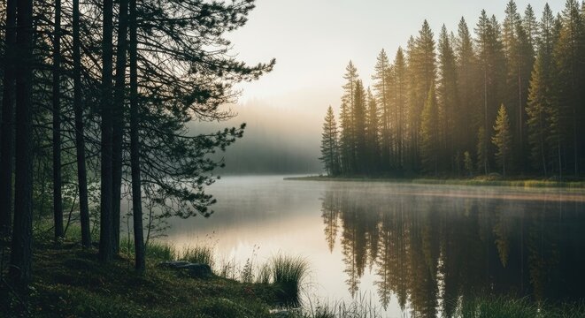 Misty Sunrise over Serene Forest Lake with Golden Light Reflections - Powered by Adobe