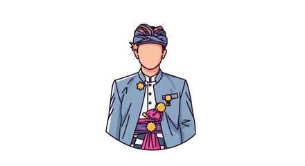 Man in Traditional Indonesian Attire with Elaborate Headwear and Medals.