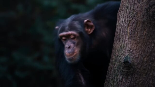 Chimpanzee observing from behind a tree trunk dark forest environment