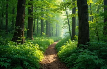 Fototapeta premium Sunlit forest path invites exploration amid lush green trees and vibrant foliage. Verdant plants grow abundantly on forest floor. Gentle light filters through canopy.
