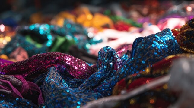 A disorganized pile of cheap, sequin-adorned garments in a cluttered room. lifestyle magazines, social media lookbooks, designed for influencer and brand collaborations, strengthens branding.