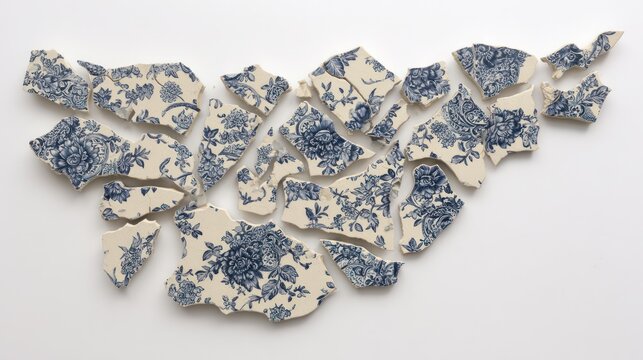 Broken porcelain fragments reassembled into an elegant floral mosaic on a neutral surface, top-down view. menu design.