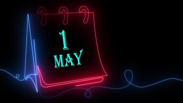 Neon May 1st Calendar Date with Vibrant Blue and Red Glowing Light on Black Background Digital Display
