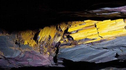 Geological sample with vibrant yellow mineral crystals forming bands in a dark rock fissure. STEM education sheets.