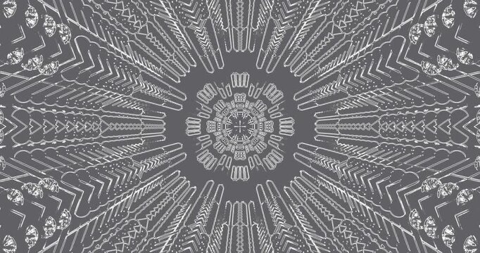 Seamless video loop of a dynamic tunnel with intricate designs and patterns in black and white