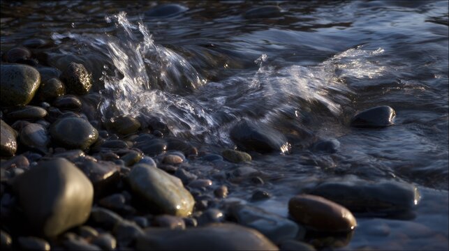 Rushing stream over smooth pebbles with splashing water in morning light. travel magazines, destination branding, designed for travel destination branding, inspires travel planning.