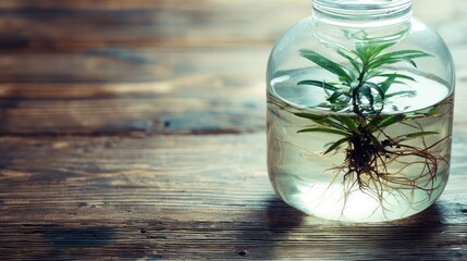 Clear glass carboy with floating green plant and visible roots on rustic wooden surface. gardening catalogs, home-decor guides, designed for home decor and floral branding.