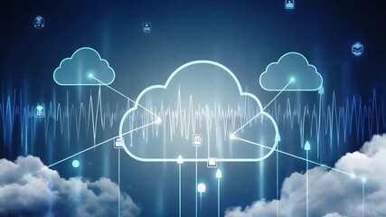 Abstract digital cloud computing concept with interconnected data streams flowing upwards and downwards. - Powered by Adobe