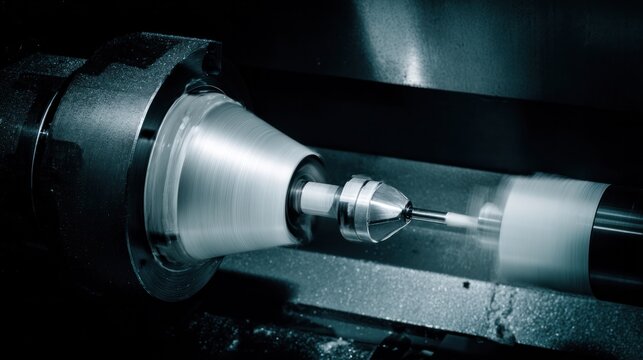 A conical metal lathe mandrel rotating with an unfinished tube sleeve fitted over it. safety posters, maintenance manuals, designed for precision metalworking and fabrication facilities.