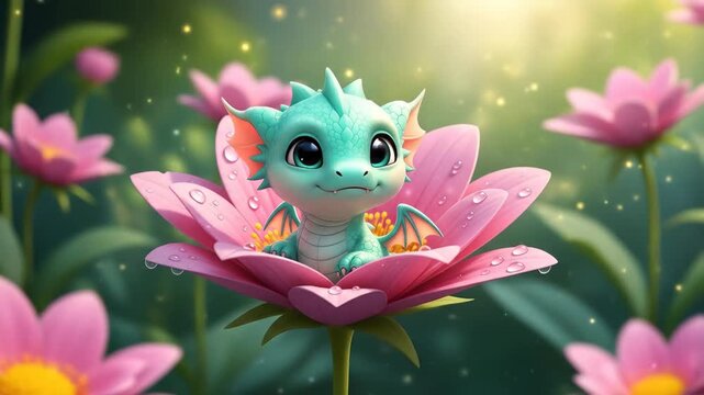Adorable baby dragon resting in pink flower fantasy