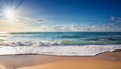 Obraz premium Serene Ocean Scene Evokes Feelings Of Joy And Peace Sunlit Waves Gently Lap The Shore A Tranquil Paradise Perfect For Travel Relaxation And Well Being Themes Travel Summer Wellbeing