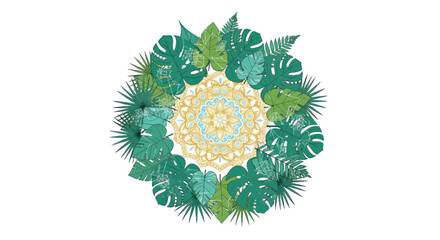 Watercolor Tropical Leaves and Mandala Circular Arrangement.