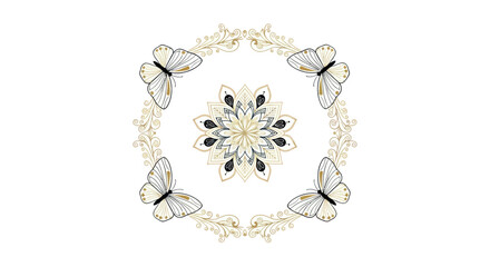 Delicate Butterfly and Floral Wreath Design with Intricate Details and Soft Colors.