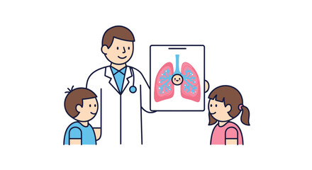 Doctor showing children a diagram of healthy lungs.
