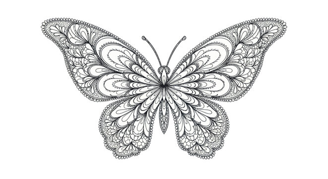 Intricate Black and White Butterfly Illustration with Detailed Wing Patterns.