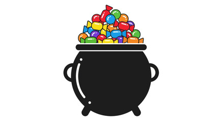 Black Cauldron Overflowing with Colorful Assorted Candies and Sweets.
