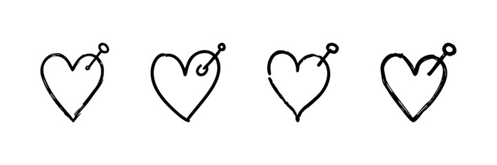 Heart With Pin Line Icon Set In Doodle Style. Love, Connection, And Attachment Symbol Outline Sketch Collection. Romantic And Emotional Expression. Hand Drawn Isolated Vector Illustration